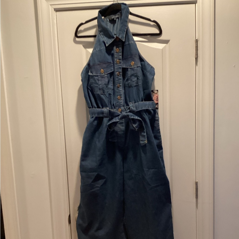 Blush Denim Blue Halter Wide-Leg Jumpsuit